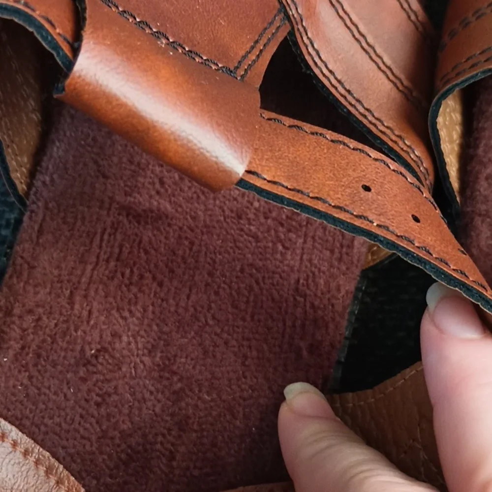 men's Lites brown tan leather adjustable strap sandals with terry cloth liners. - Picture 4 of 5